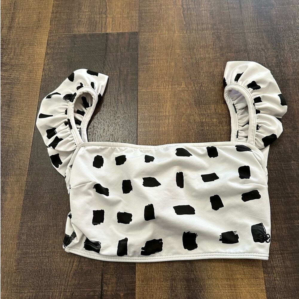 Albion Fit Black White Ruffle Strap Bikini Top Polka Dot Swim Top Size Small - Picture 2 of 9
